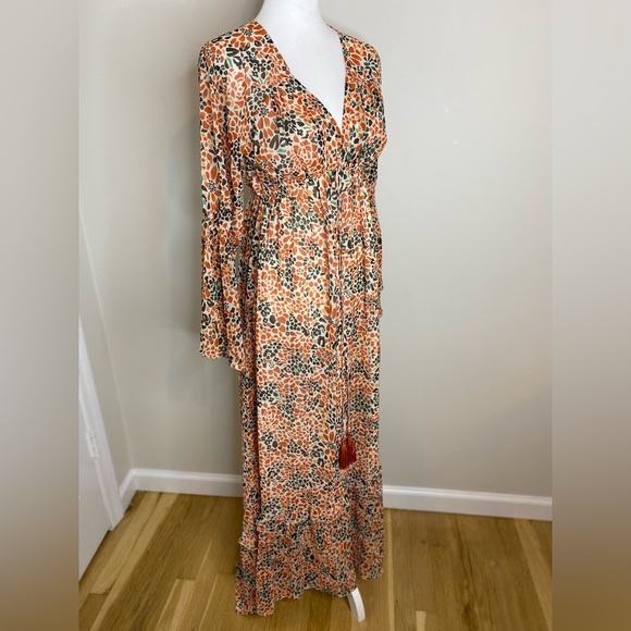 Pink Lily Floral Bohemian Maxi Dress w/ Tassels Size Small Orange Brown Cream - Picture 2 of 7